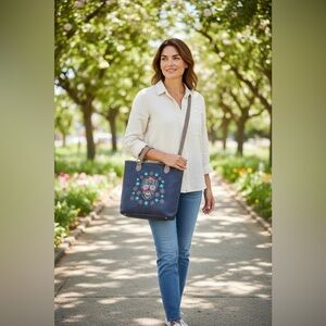 Montana West Navy Embroidered Sugar Skull Tote Bag double handles tote bag